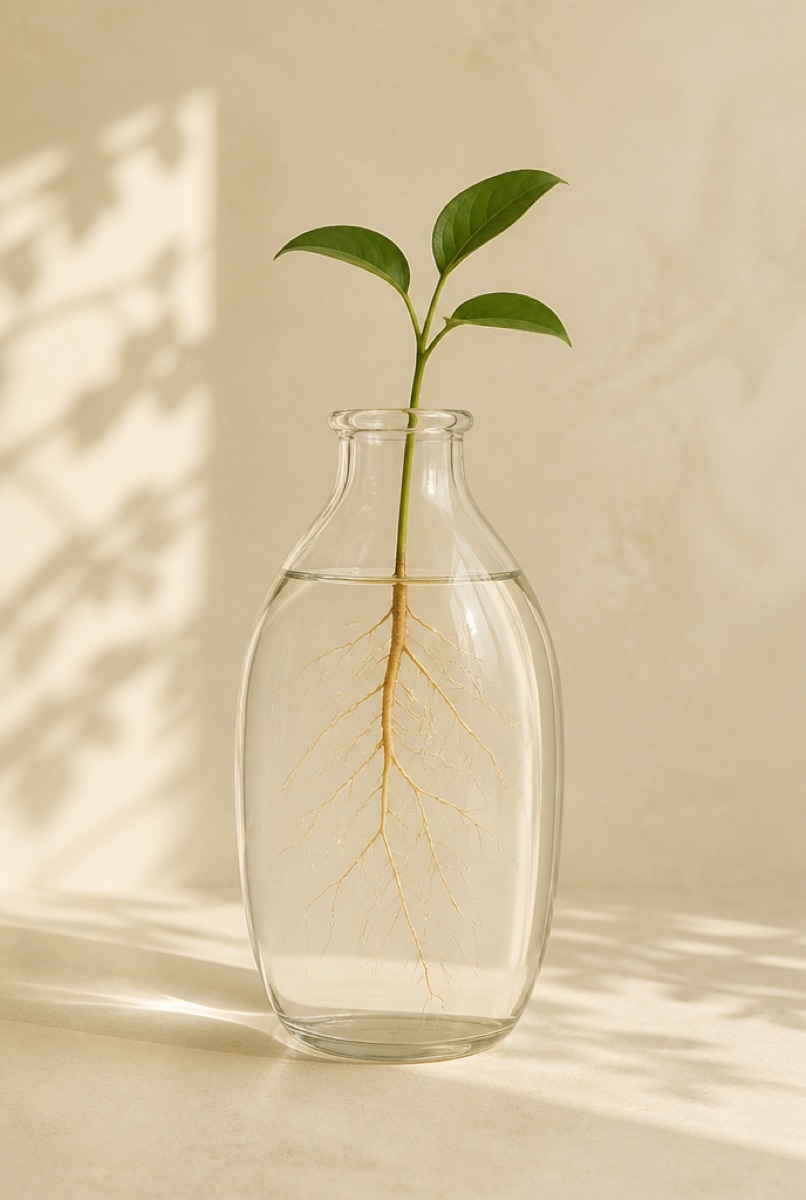 A young plant with its roots visible in a glass vessel, the emblem of root cause homoeopathy at Healthify Homoeopathy, Pune